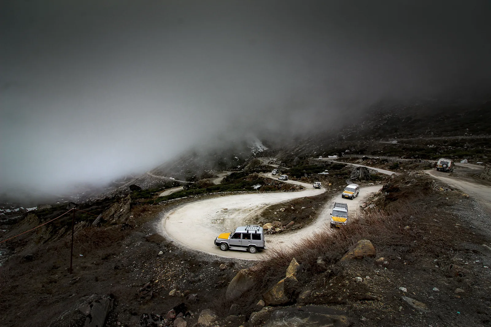 Vehicles travelling on a mountain road